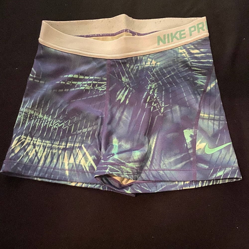 Nike Pro 3” purple and teal green compression shorts